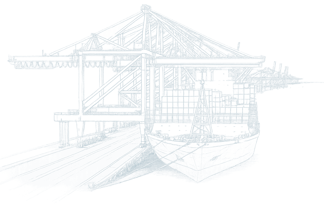 Skizze eines Containerkrans und Frachtschiffs